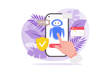 Virtual assistant concept with people hand in flat design. Chatbot problem solving, consulting and online help with artificial intelligence bot in mobile application. Illustration for web