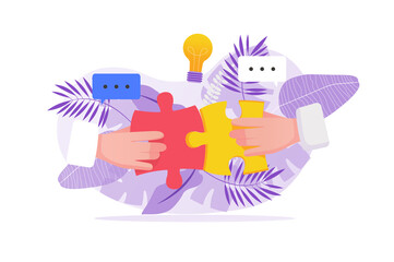 Teamwork concept with people hand in flat design. Collaboration and partnership in project work, brainstorming and idea generation, management and business communication. Illustration for web