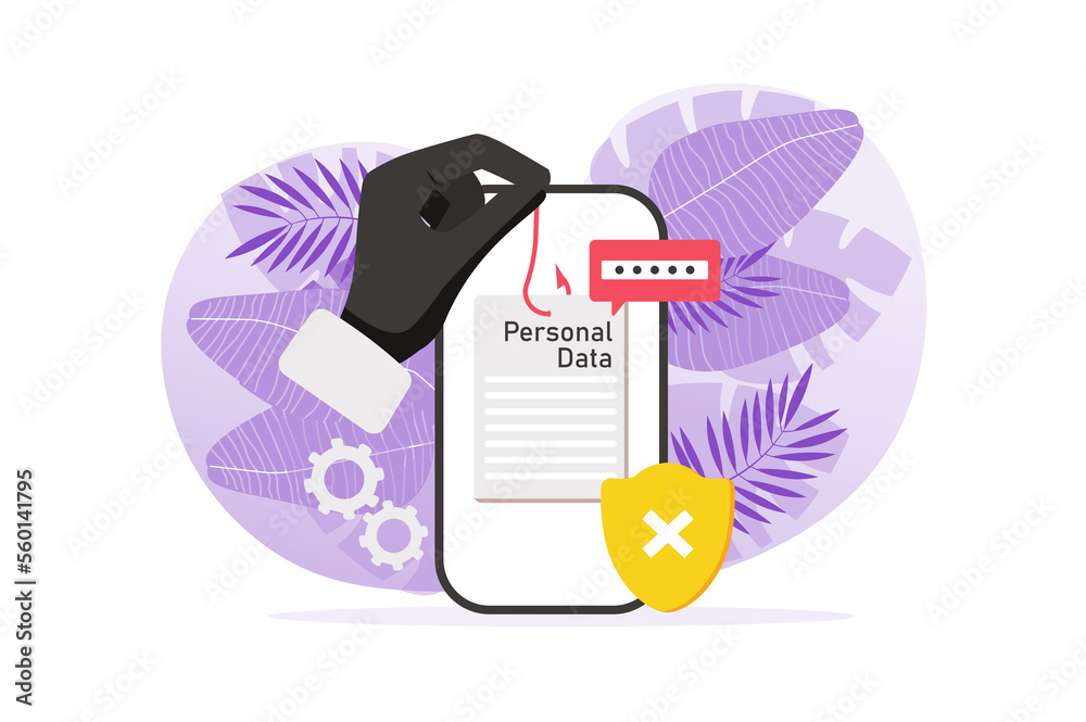 Aufkleber Hacker attack concept with people hand in flat design. Hacker hacked into mobile phone applications and gained access to user personal data. Protection and secure access. Illustration for web