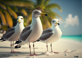 Obraz premium Group seagull on the beach, sun, blue water. Focus selective.