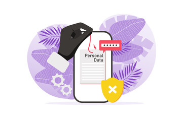 Hacker attack concept with people hand in flat design. Hacker hacked into mobile phone applications and gained access to user personal data. Protection and secure access. Illustration for web