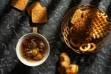 Still life- tea time cake. Homemade food- dark background