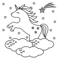 Cute cartoon unicorn on clouds. For the design of coloring books, prints. Vector