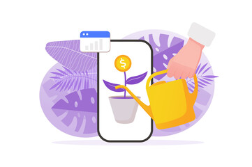 Profit concept with people hand in flat design. Businessman earns money and increases income, watering money tree and receives profit, financial management and savings. Illustration for web