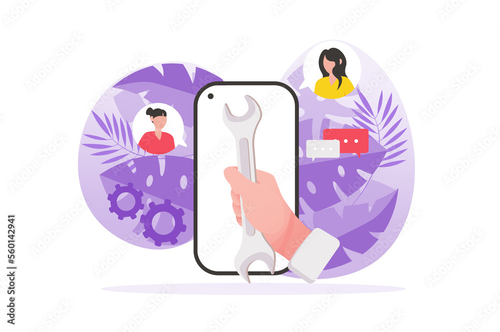 Poster support concept with people hand in flat design. user contacts support service for solving technical