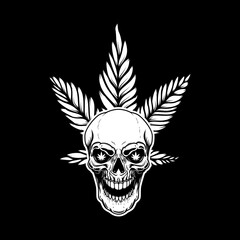 Skull with marijuana leaf. Design element for logo, emblem, sign, poster. Vector illustration