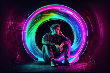 A man is sitting near a neon portal, sci-fi illustration