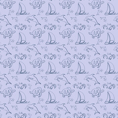 Seamless pattern with sea animals and sailboat one line drawing