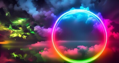 Neon circle with clouds on a water surface 