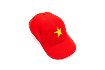 Vietnam or China  Glove Dark red hat with red star isolated on white background. Baseball caps in...