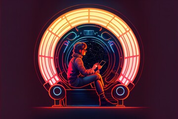 A man is sitting near a neon circle