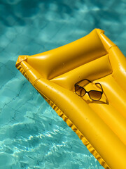 Sunglasses on a yellow floater inside a swimming pool in summer time