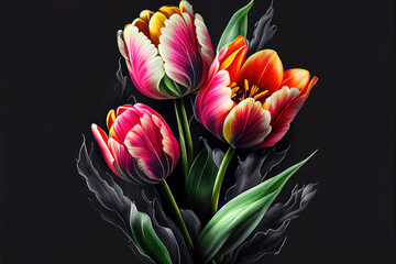 Obraz na płótnie Canvas A bouquet of tulips of various colour on a black background. 
