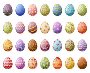 Cartoon easter chocolate eggs. Traditional painted eggs, spring holiday egg hunt game, Easter colorful decoration flat vector illustration set. Spring surprise eggs