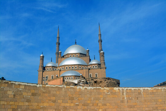 The great mosque of Muhammad Ali Pasha or Alabaster mosque in Citadel of Cairo, the main material is limestone likely sourced from the Great Pyramids of Giza and alabaster, Salah El Din Castle