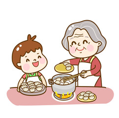 Cartoon family making Chinese dumpling.
