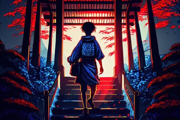 A boy climbs the stairs to a Japanese temple