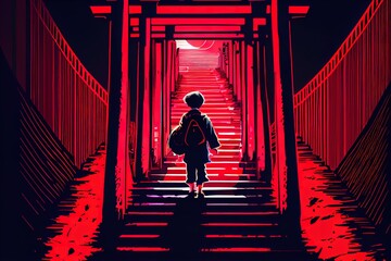 A boy climbs the stairs to a Japanese temple