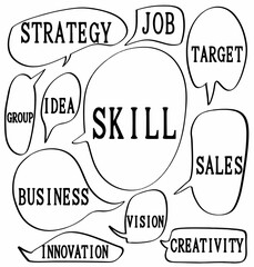 set hand drawn speech bubbles of STRATEGY, JOB, TARGET, IDEA, GROUP, SKILL, SALES, BUSINESS, VISION, INNOVATION, CREATIVITY. vector design illustration