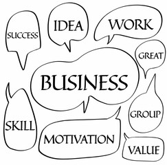 set hand drawn speech bubbles of SUCCESS, IDEA, WORK, GREAT, BUSINESS, GROUP, VALUE, SKILL, MOTIVATION. vector design illustration