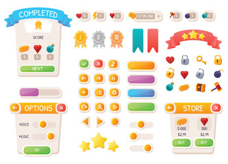 Game UI buttons. Mobile application or game interface elements. Cartoon colorful design. Progress bar, panel and indicators. Video gaming menu kit. Isolated medals and prizes © designer_things