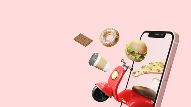 3d render online food order delivery on mobile illustration with scooter