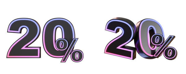 3d render 20 percent discount black neon light numbers isolated transparent background