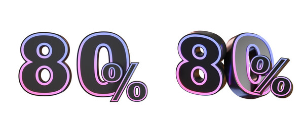 3d render 80 percent discount black neon light numbers isolated transparent background