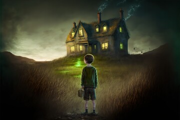 A lost boy goes to a creepy house with burning windows