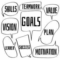 set hand drawn speech bubbles of SKILLS, VISION, TEAMWORK, GOALS, LEADER, SUCCESS, VALUE, PLAN, MOTIVATION. vector design illustration