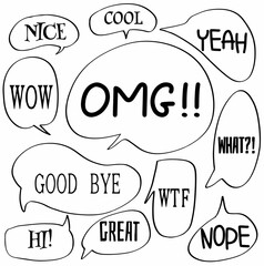 set hand drawn speech bubbles of COOL, NICE, WOW, OMG!!, GOOD BYE, WTF, HI!, GREAT, YEAH, WHAT?!, NOPE. vector design illustration