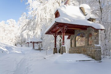 Jurkovic Way of the Cross, completed in 1933. 7th stop. Trees with frost. Hostyn. Eastern Moravia. Czechia.