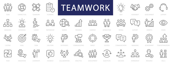 Fototapeta Teamwork and Business People thin line icons set. Teamwork editable stroke icon collection. Business icons. Team signs. Vector illustration obraz