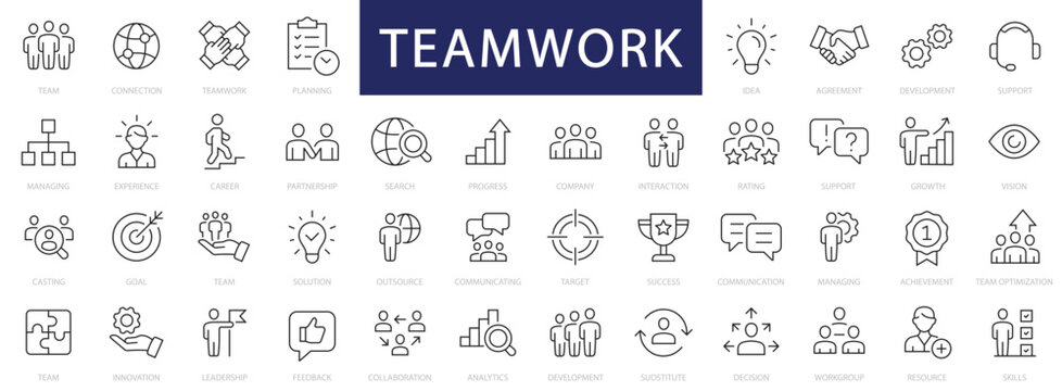Teamwork and Business People thin line icons set. Teamwork editable stroke icon collection. Business icons. Team signs. Vector illustration
