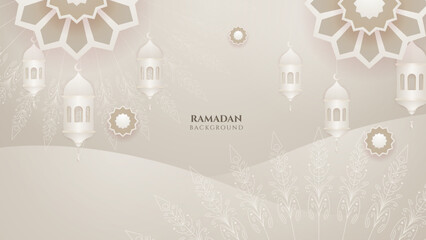 Ramadan Kareem background banner. Islamic Greeting Cards for Muslim Holidays and Ramadan. Beige banner with mandala pattern and lantern. Vector illustration