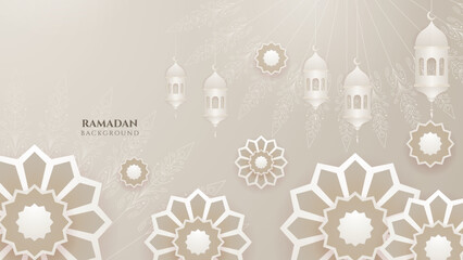 Ramadan Kareem vector banner background with beige pastel metal lantern and mandala pattern. Islamic style ramadan beige design background. Vector illustration