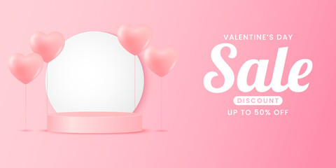 Happy Valentines day background with realistic 3D love heart and podium. Romantic background design. Holiday banner, web poster, flyer, stylish brochure, greeting card, cover. Vector art illustration.