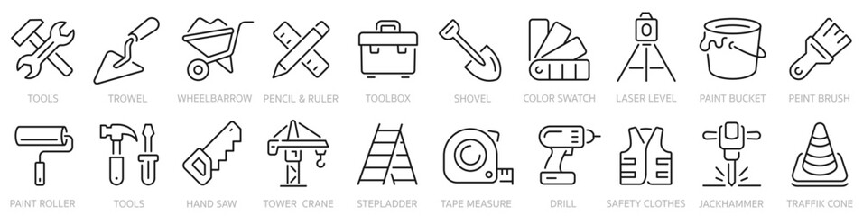 Tools icons set. Wrench, screwdriver icon. Construction tool icon collection. Shovel, hammer, brush, saw, drill, crane and more - stock vector.