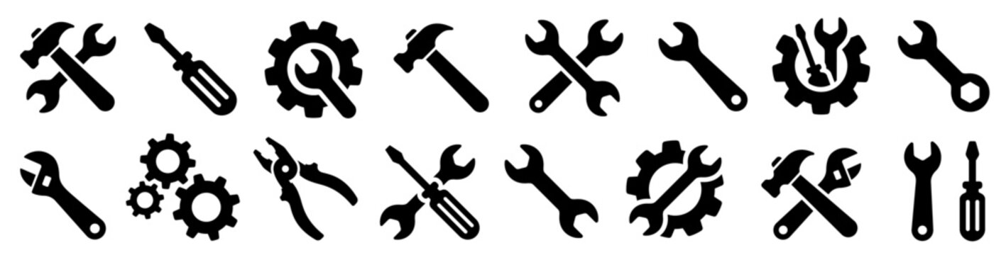 Tools and Service icons set. Wrench, screwdriver and gear icon. Screwdriver and wrench glyph icon. Settings and repair, service sign - stock vector.