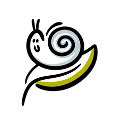 Children style hand drawn cartoon of snail on the leaves.