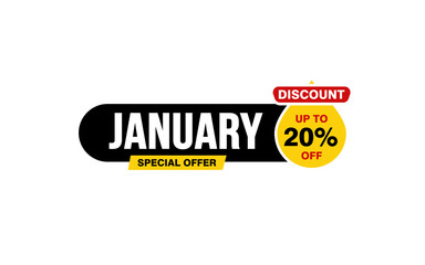 20 Percent JANUARY discount offer, clearance, promotion banner layout with sticker style. 