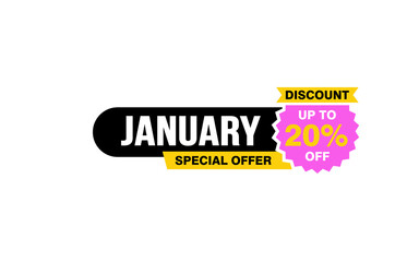 20 Percent JANUARY discount offer, clearance, promotion banner layout with sticker style. 