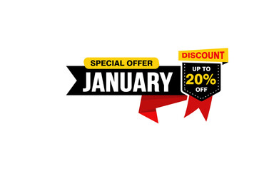 20 Percent JANUARY discount offer, clearance, promotion banner layout with sticker style. 