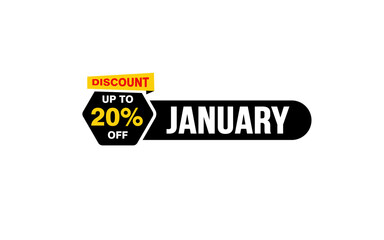 20 Percent JANUARY discount offer, clearance, promotion banner layout with sticker style. 