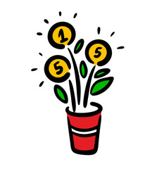 Money tree in a flower pot with green leaves and gold coins.