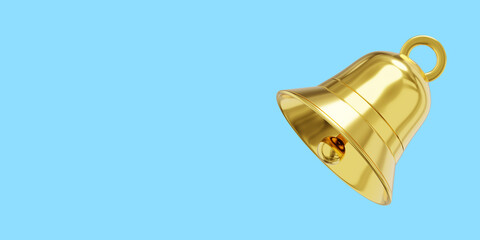 Bell metal gold, notification symbol. 3D rendering. Icon on blue background, space for text.