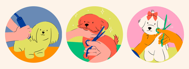 Fototapeta premium Grooming of a Dog. Pet grooming salon, professional animal care concept. Trimming dog with clipper, scissors. Cartoon style. Set of three hand drawn Vector illustrations. Logo, print, poster templates