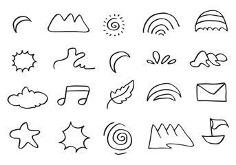 Set of cute hand drawn line scribble expression signs.emoticon effects design elements, cartoon character emotion symbols.vector illustration.
