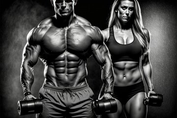 Fototapeta na wymiar Athletic man and woman with a dumbells , ai generated