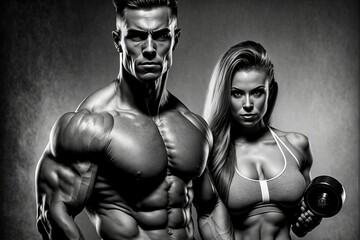 Fototapeta na wymiar Athletic man and woman with a dumbells , ai generated